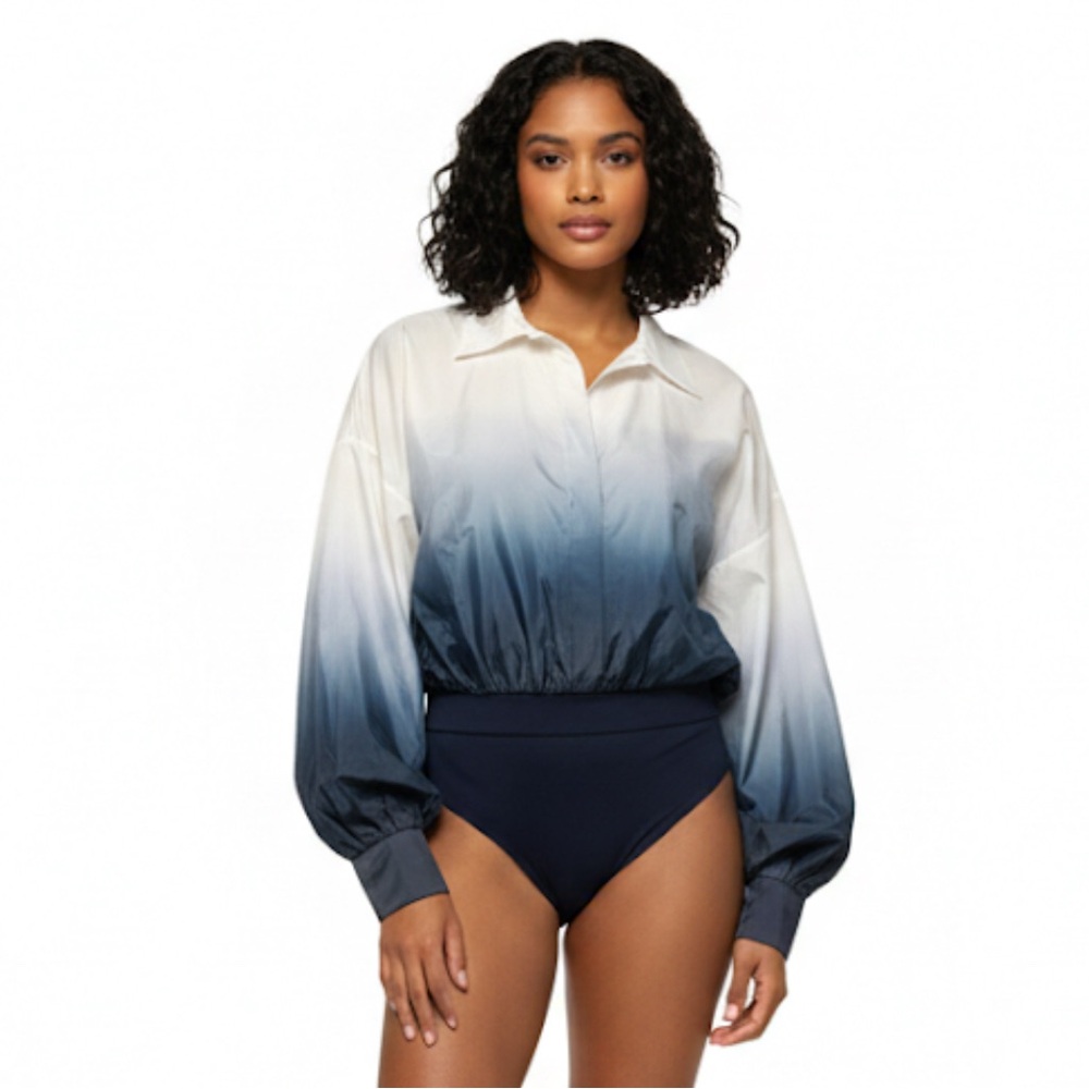 Norma Kamali Super Oversized Boyfriend Bodysuit Blue/White Ombre M/38  NWT